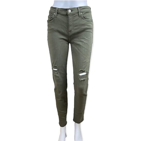 7 For All Mankind High Waist Distressed Olive Green Jeans, size 28 - VGUC - Picture 1 of 7
